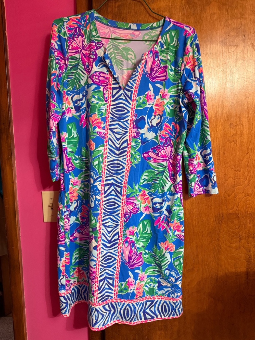 Lilly Pulitzer Bright Blue Tropical Print V-Neck Long Sleeve Dress
